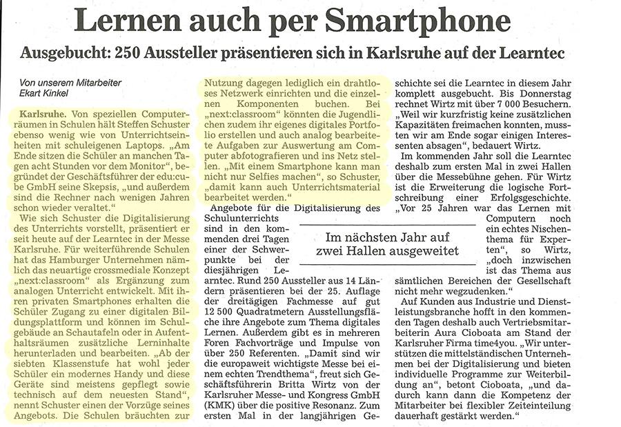 Archivscan des Artikels Lernen auch per Smartphone von der Learntec 2017.